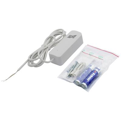 Ein weißer kabelloser Sensor mit Kabel, zwei Batterien und Montagematerial (Schrauben und Dübel) auf weißem Hintergrund.