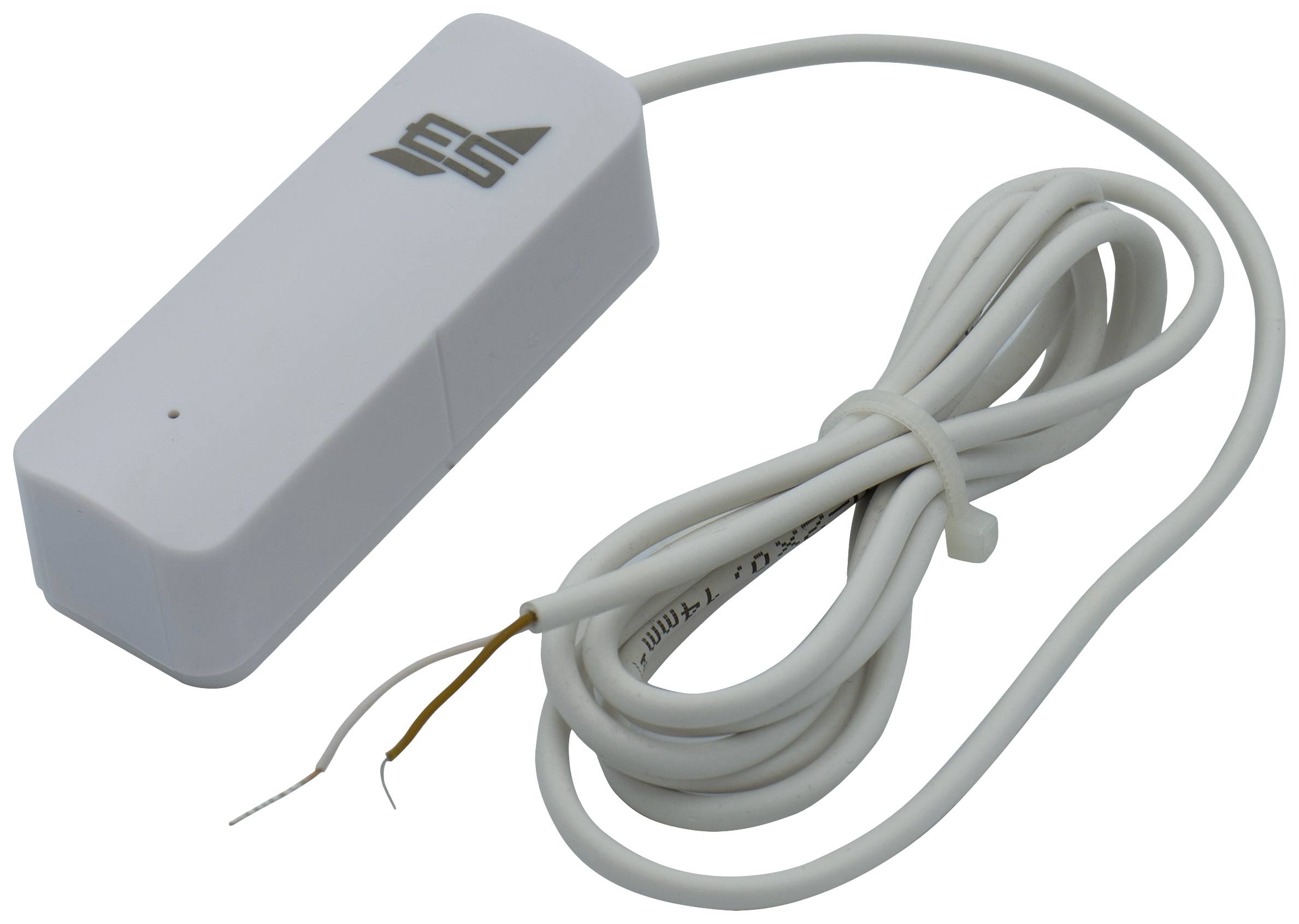 Ein weißer Wassersensor mit Kabel, das an einem Ende freiliegende Drähte hat. Geeignet zur Erkennung von Wasserlecks.