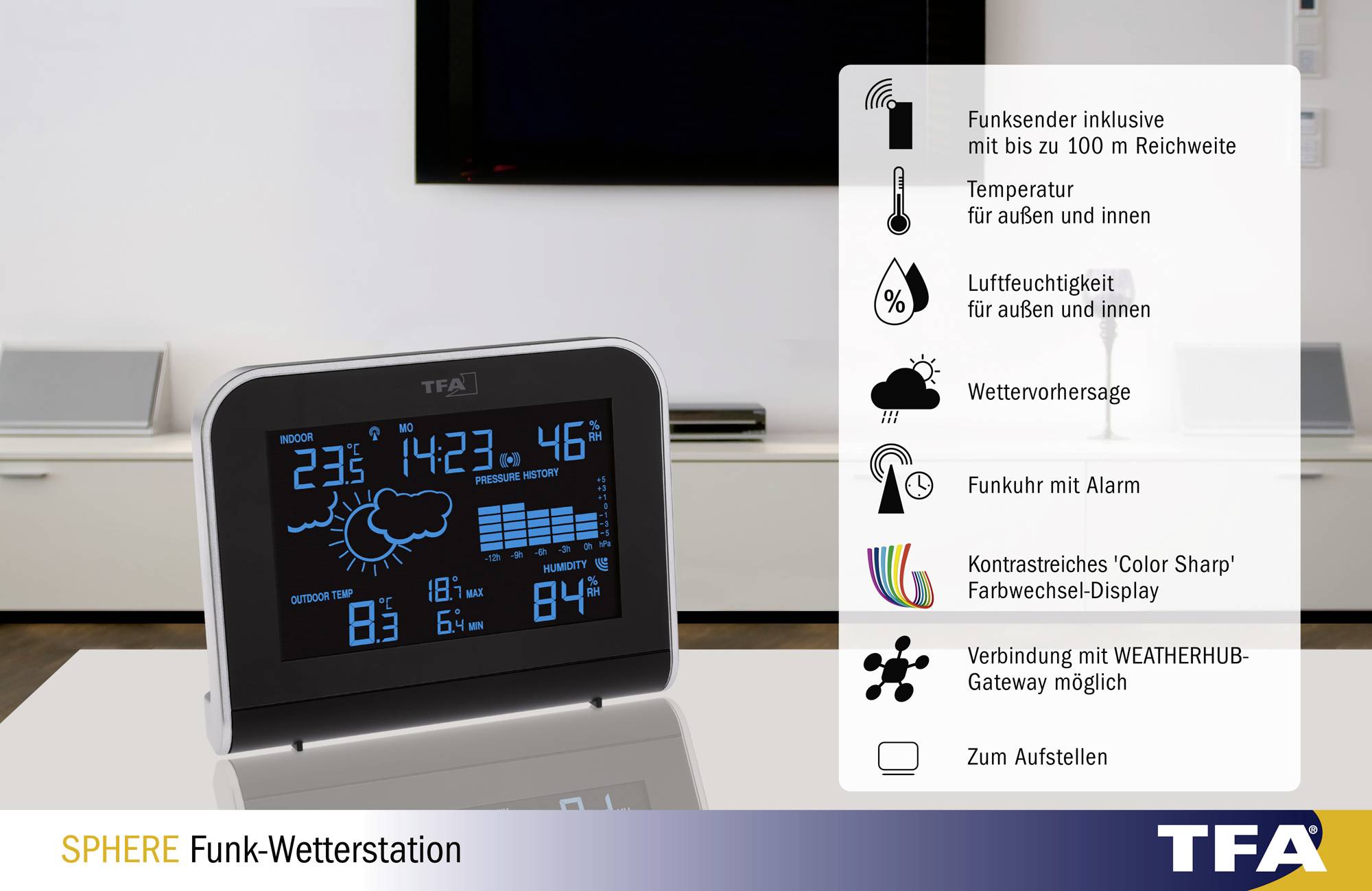 Eine Funk-Wetterstation zeigt Uhrzeit, Datum, Temperatur für innen und außen, Luftfeuchtigkeit sowie Wettervorhersage.
