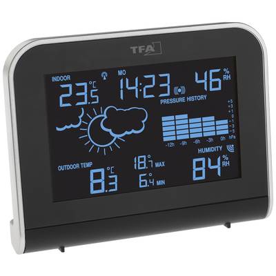 Digitales Thermometer-Display mit Innen- und Außentemperatur, Uhrzeit, Wettervorhersage, Luftdruck-Verlauf und Luftfeuchtigkeit.
