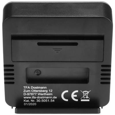 Ein schwarzes elektronisches Gerät von TFA Dostmann mit CE-Kennzeichnung, Seriennummer und Produktionsdatum unten beschriftet.
