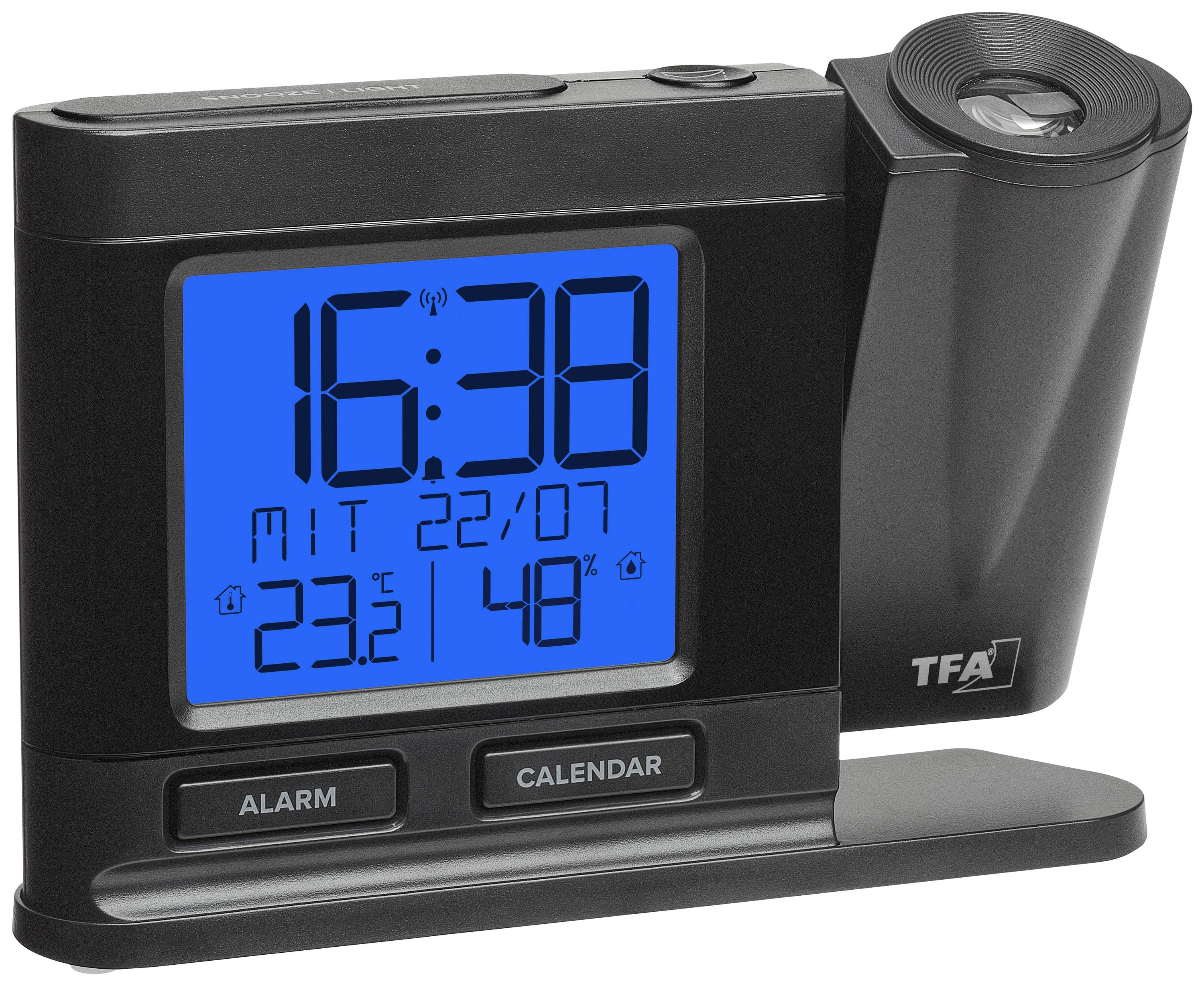 Digitaluhr mit blauem Display zeigt 16:38, 22. Juli, Temperatur 23,2°C. Tasten für Alarm und Kalender sichtbar.