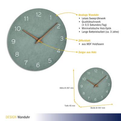 Analoge Wanduhr mit leisem Sweep-Uhrwerk, Holzzeiger, Zifferblatt aus MDF-Holzfasern. Abgebildet mit Maße und Batterieinformationen.