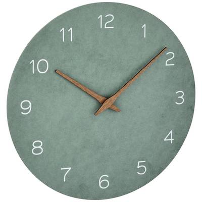 Grüne Wanduhr mit weißen Ziffern zeigt 10:10 Uhr, hölzerne Zeiger heben sich ab.
