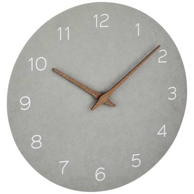 Analoge Uhr mit grauem Zifferblatt und weißen Zahlen von 1 bis 12. Holzzeiger zeigen auf 10:10 Uhr.