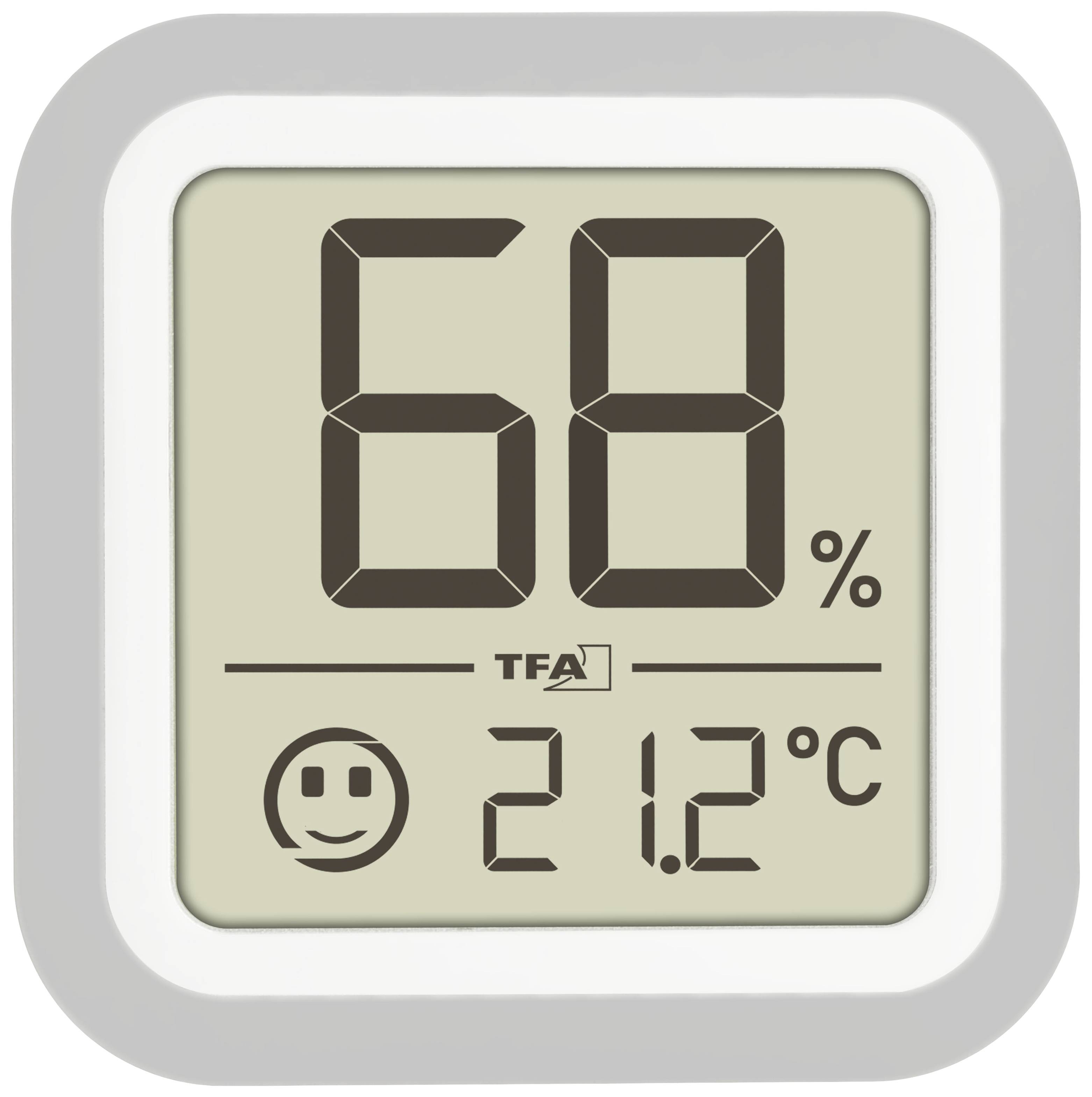 Digitales Hygrometer zeigt 68% Luftfeuchtigkeit und 21,2°C Temperatur an. Smiley-Symbol zeigt angenehme Bedingungen.