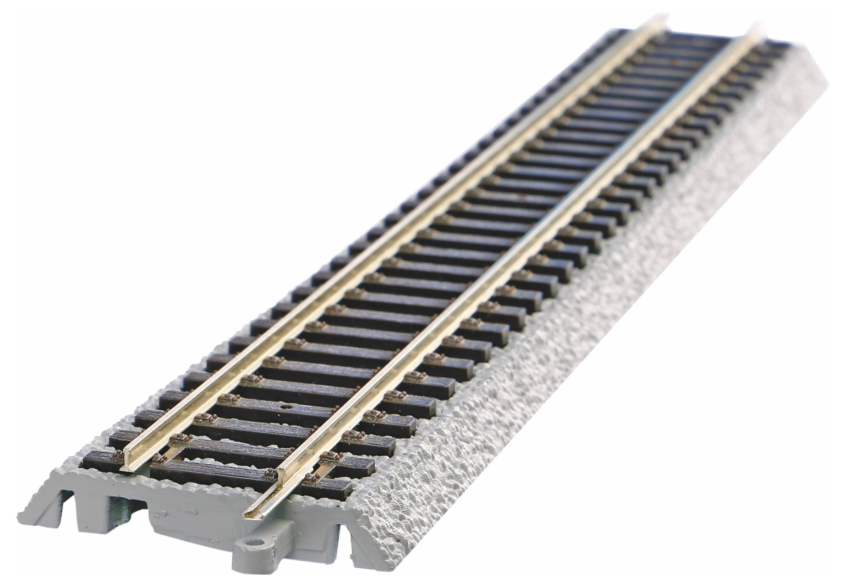 Ein Modelleisenbahn-Gleisabschnitt mit realistischem Schienenbetrieb und kieskörniger Grundfläche, konzipiert für Modelleisenbahn-Anlagen und Ausstellungen.