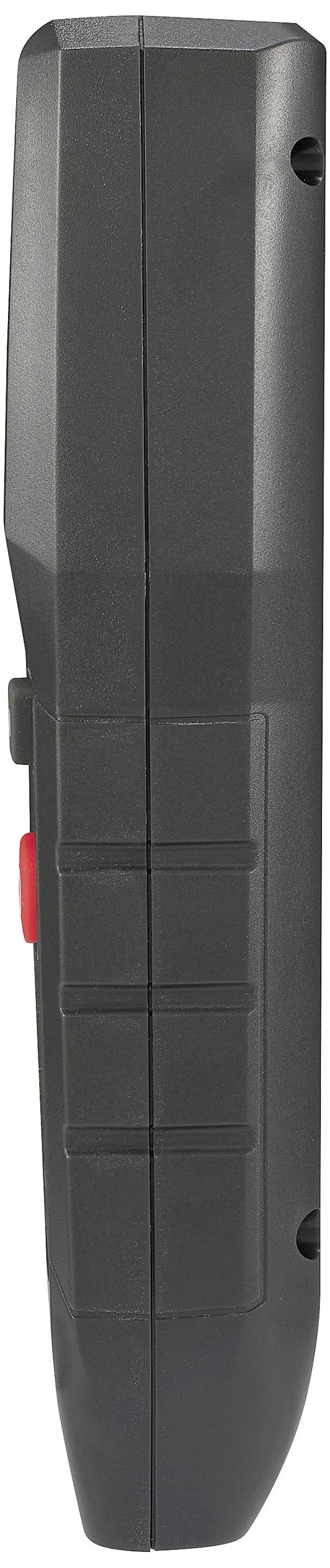 Schwarzes tragbares Gerät mit seitlichem roten Knopf, möglicherweise ein elektronisches Messwerkzeug.