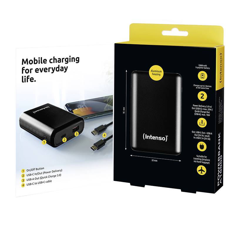 Schwarze Powerbank von Intenso neben Verpackung. Text: 'Mobile charging for everyday life.' Zeigt Anschlüsse und Aluminiumgehäuse.