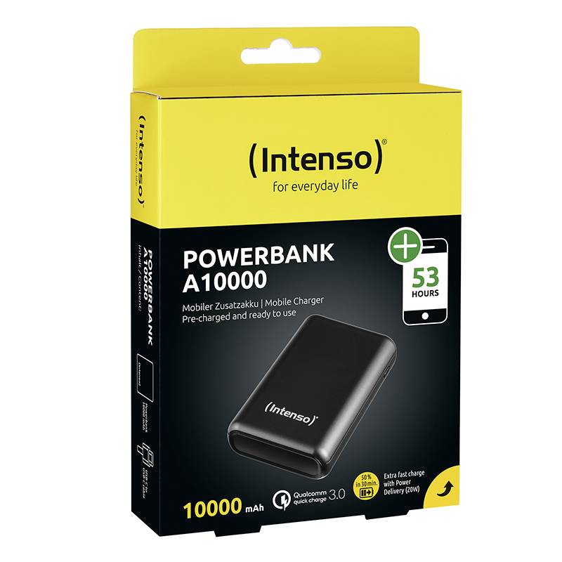 Gelbe und schwarze Verpackung einer Intenso Powerbank A10000 mit 10.000 mAh Kapazität, hervorgehobene Infos: 53 Stunden, Schnellladung.