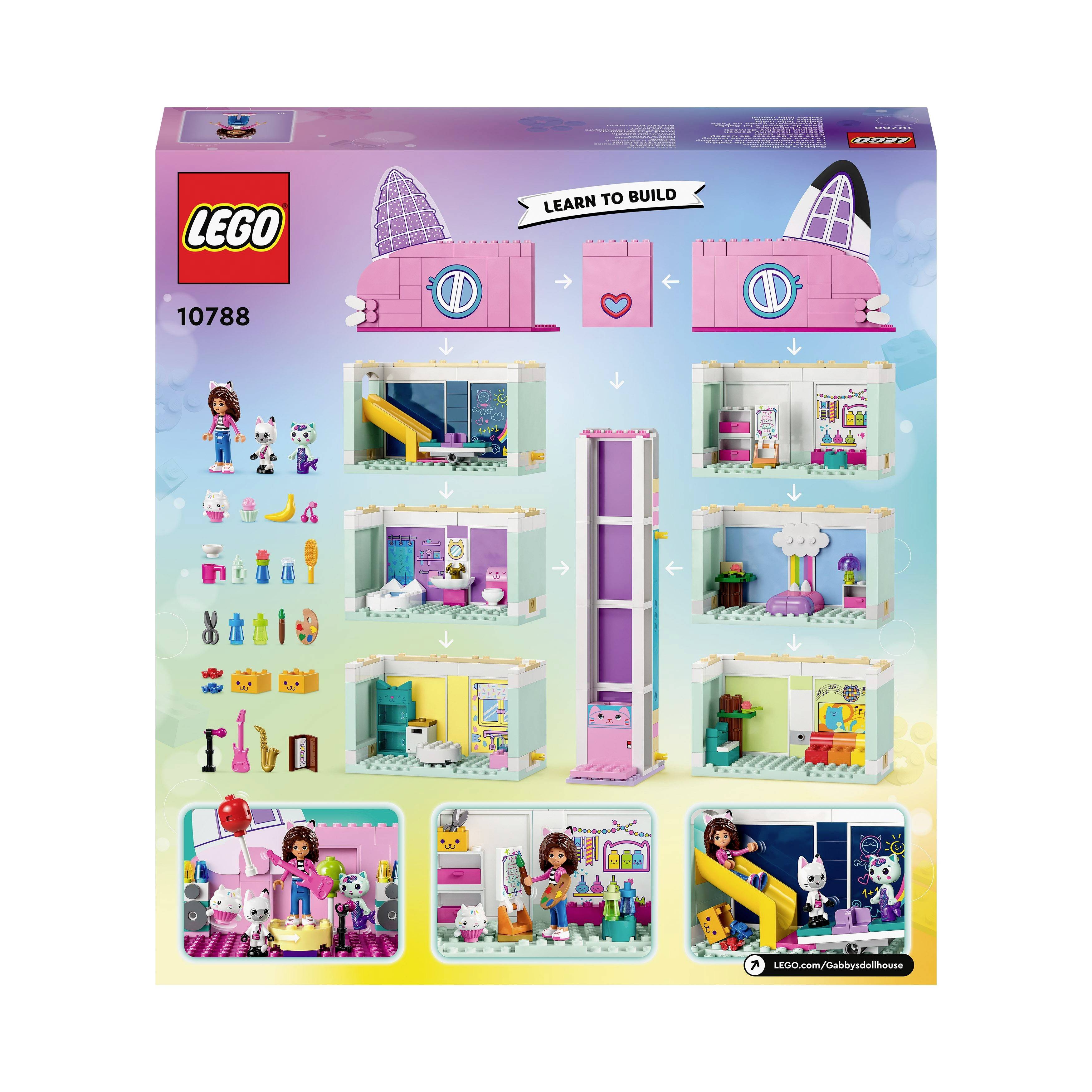 Eine Lego-Verpackung mit dem Set '10788', das ein farbenfrohes Puppenhaus abbildet, inklusive Figuren und Zubehör zum Zusammenbauen.