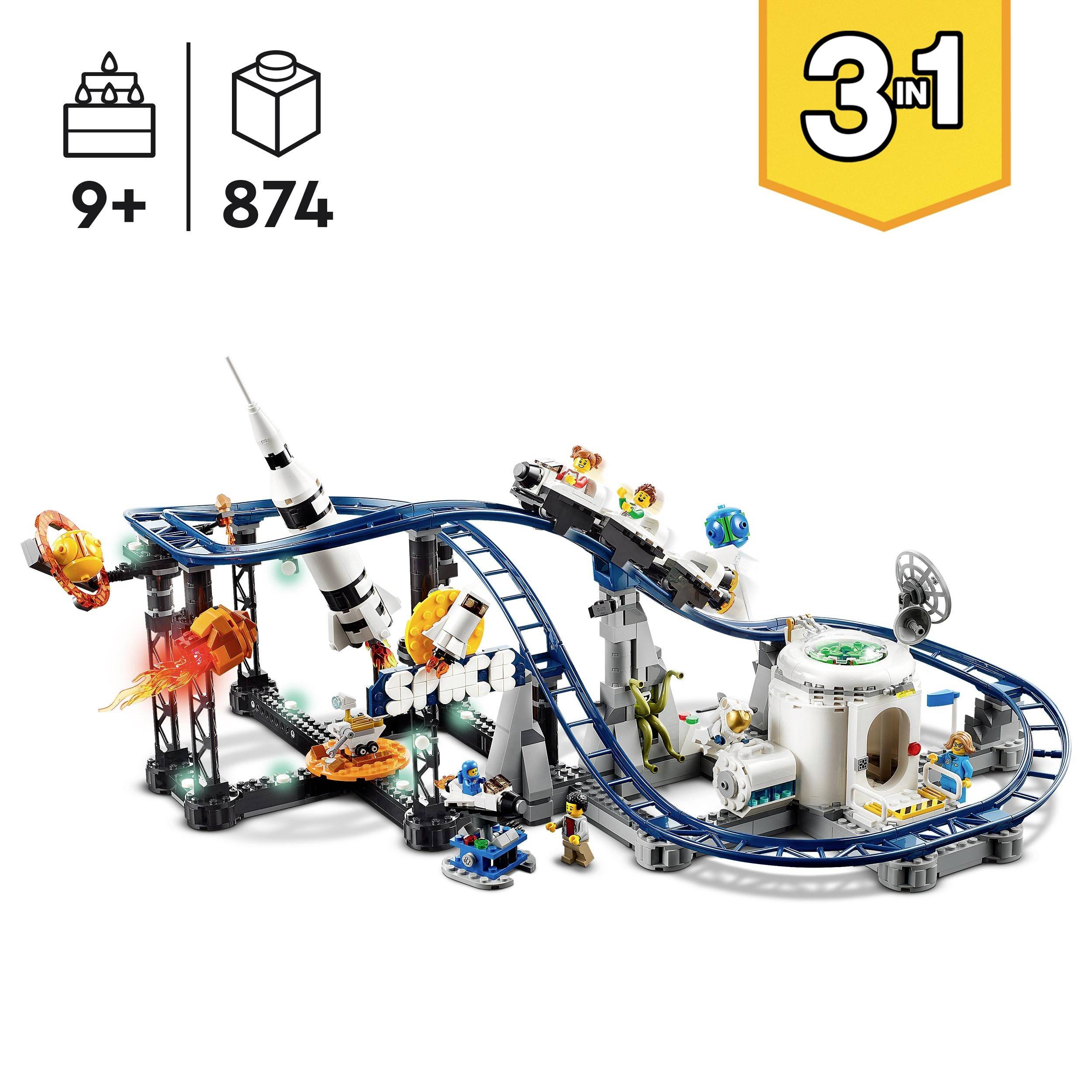LEGO-Raumfahrt-Kartenbahn-Set mit Rakete, Astronauten und Roboter. Empfohlen ab 9 Jahren, 874 Teile, 3-in-1-Bauoptionen.