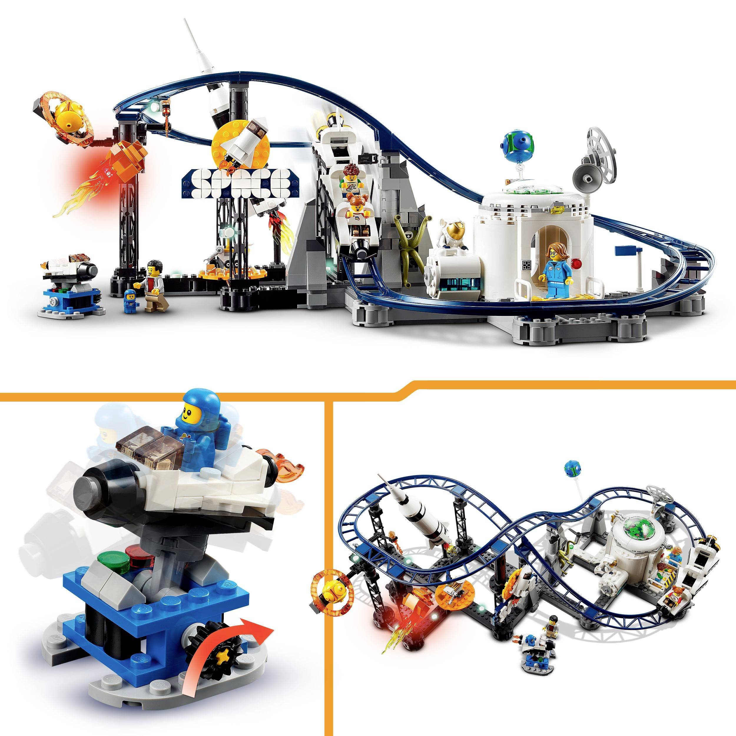 'Lego-Set mit Raumfahrt-Thema, zeigt Raketenabschussrampe, Wissenschaftler und Roboter, hebt technischen Aufbau und Spielfunktion hervor.'
