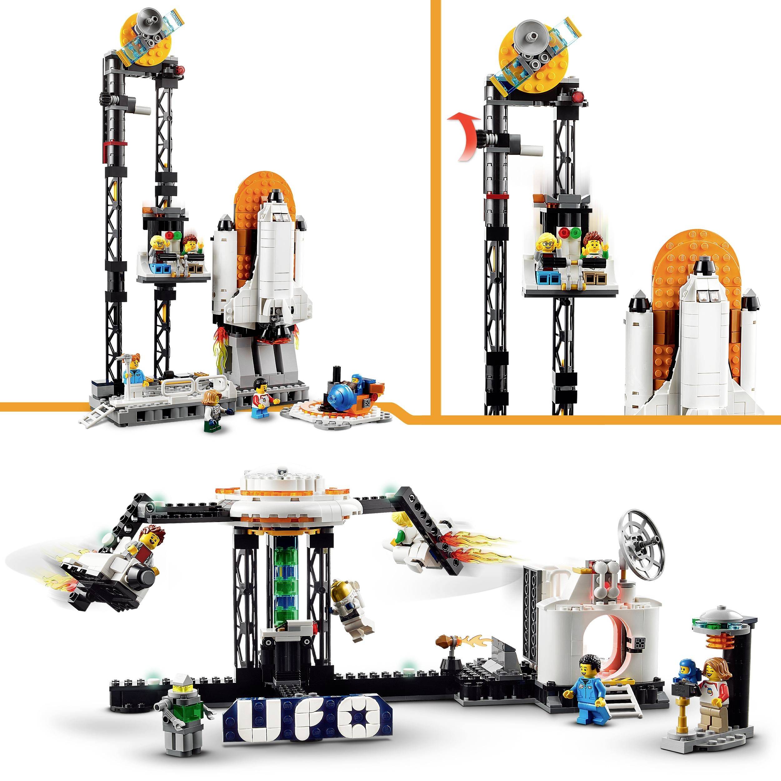 Ein Lego-Weltraum-Set mit einer Rakete, einem UFO-Modell und mehreren Minifiguren in einer Raumstation-Szene.