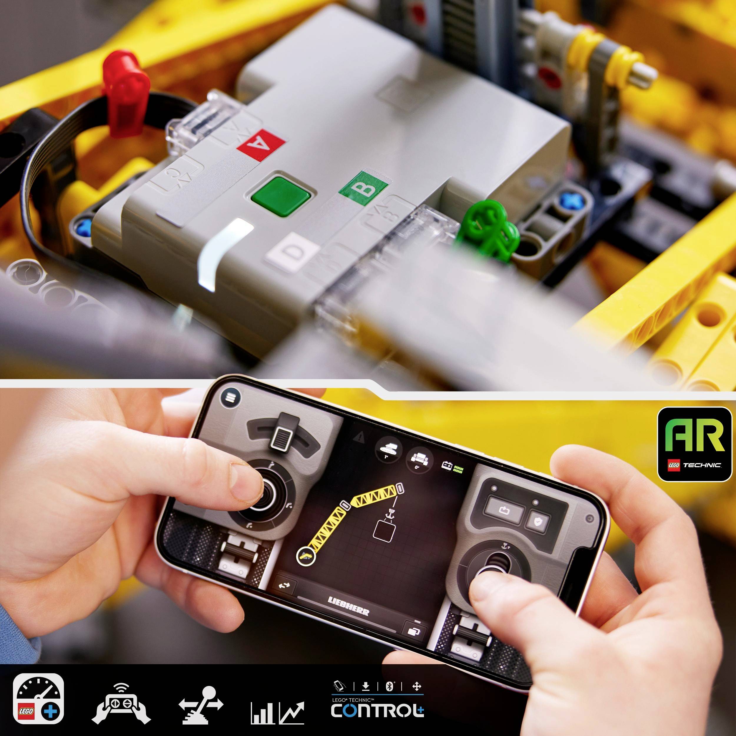 Oben: Nahaufnahme eines Lego-Technik-Bausteins mit Knöpfen. Unten: Smartphone mit geöffneter App, die eine Fernbedienung zeigt.