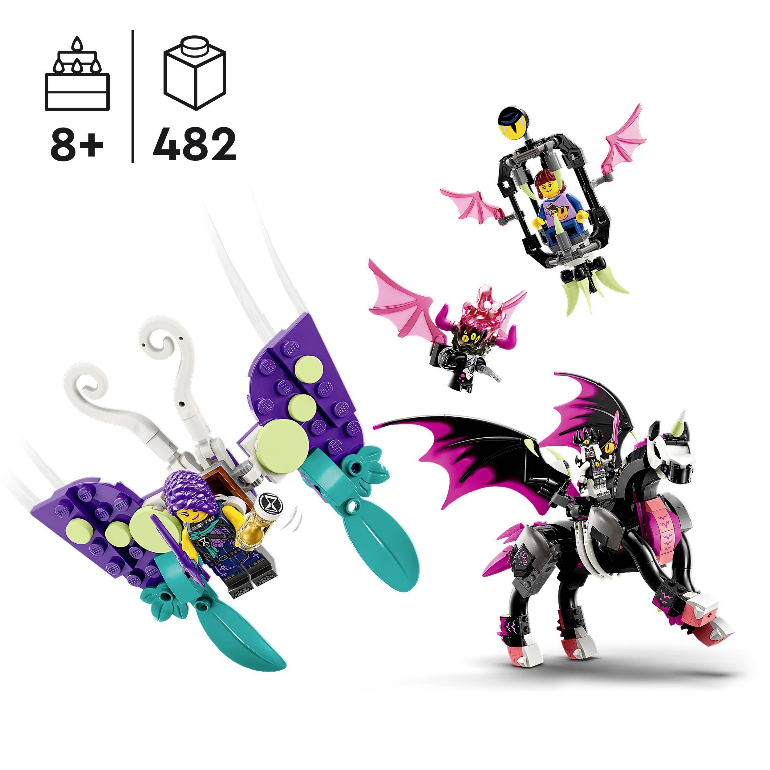 LEGO-Set für Kinder ab 8 Jahren mit 482 Teilen, beinhaltet einen großen, baubaren Drachen und Figuren in fantasievollem Design.