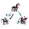 Ein Bauset zeigt ein umbaubares Spielzeug mit schwarzen und rosa Akzenten, das von einem Einhorn zu fliegenden Kreaturen transformiert wird.