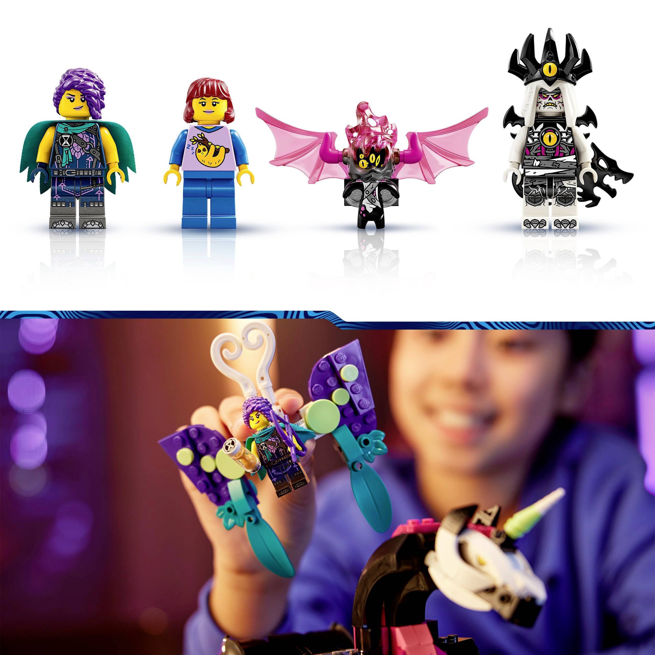 Vier LEGO® Figuren oben, darunter ein Kind, das mit einem LEGO Spielzeug spielt. Farbenfroh und fantasievolle Designs.