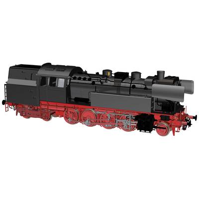 Schwarz-rote Dampflokomotive, Seitenansicht. Detaillierte Darstellung von Kessel, Schornstein und Rädern. Historisches Zugdesign.
