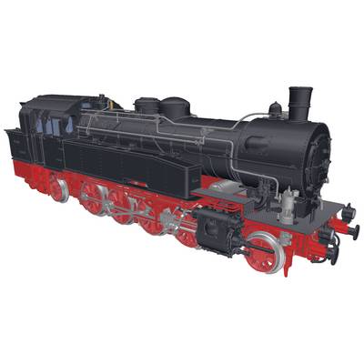 Ein Modell einer historischen Dampflokomotive mit schwarzen Kessel und roten Rädern. Sie zeigt technische Details und Maschinenteile.