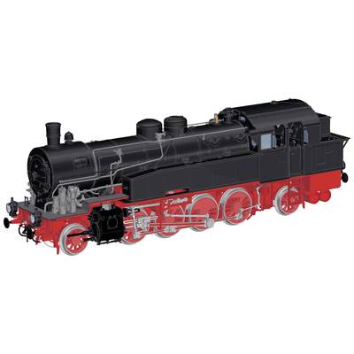 Dampflokomotive in seitlicher Ansicht, detailliert gezeichnet. Schwarzer Kessel, rotes Fahrgestell, sichtbare mechanische Komponenten.