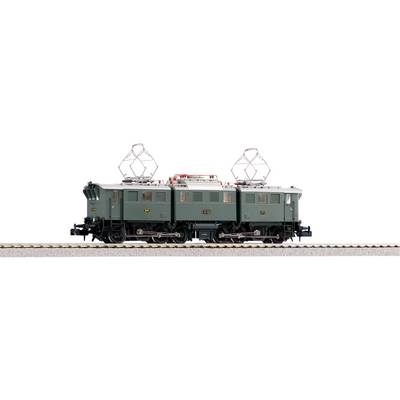 Ein grünes Modell einer elektrischen Lokomotive mit zwei Stromabnehmern auf einem Gleis.