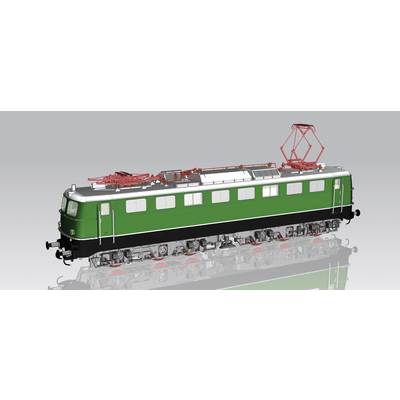 Digitales Modell einer historischen grünen Elektrolokomotive mit roten Stromabnehmern und detaillierten Fahrwerkselementen.