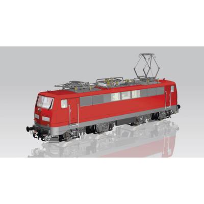 Eine rote Elektrolokomotive mit Dachstromabnehmer, seitliche Ansicht. Sie steht auf glänzender Fläche und ist detailliert dargestellt.