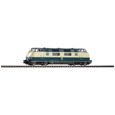 Modell einer zweifarbigen Modelleisenbahn-Lokomotive auf Schienen. Sie ist beige und dunkelgrün mit detaillierter Oberfläche.