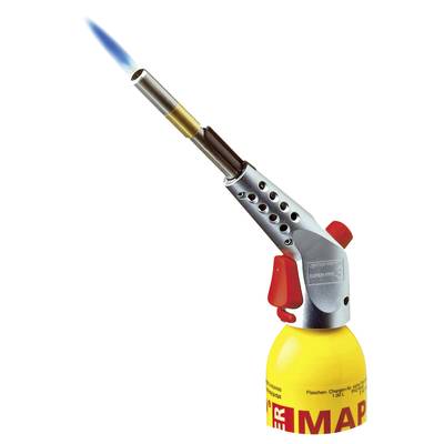 Eine gelbe Lötlampe mit einer blauen Flamme, verwendet für Schweißarbeiten oder zum Erhitzen von Materialien.