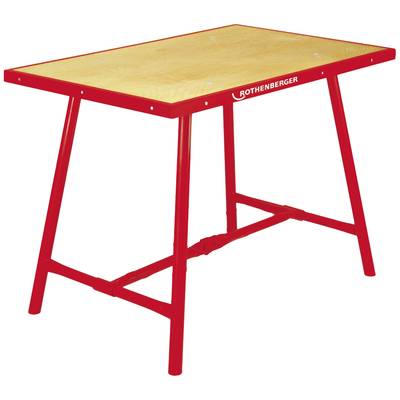 Ein roter klappbarer Arbeitstisch aus Metall mit Holzoberfläche.