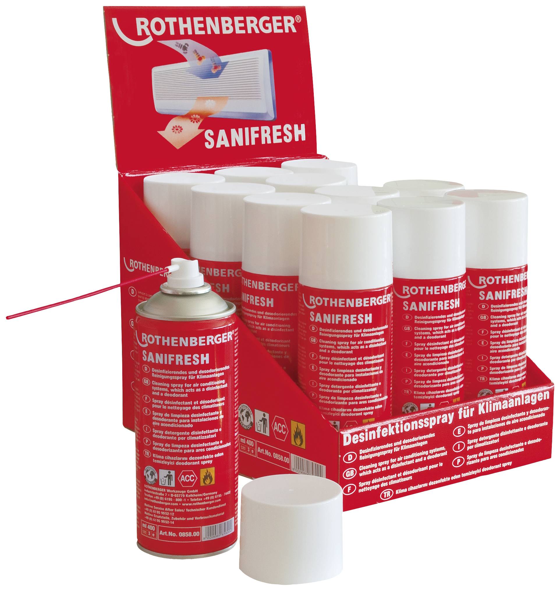 'Rothenberger Sanifresh' Desinfektionsspray, mehrere Spraydosen in rotem Display-Ständer, Produkt zur Klimaanlagendesinfektion.