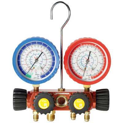Das Bild zeigt ein Manometer-Set mit zwei großen runden Anzeigen, einer in Blau und einer in Rot, für Vakuum- und Kältemittelmessungen.