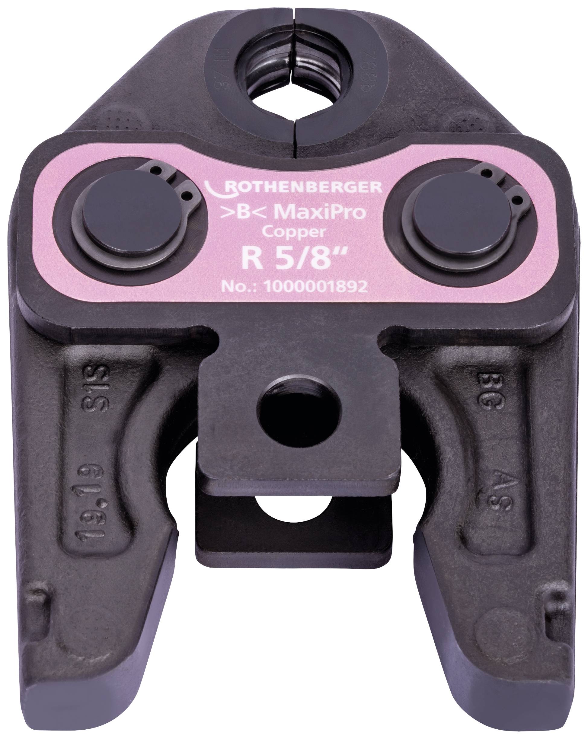 Schwarze Rohrpresszange mit pinkem Aufkleber, darauf steht 'ROTHENBERGER' und 'R 5/8"'. Werkzeug für Heizungs- und Sanitärarbeiten.