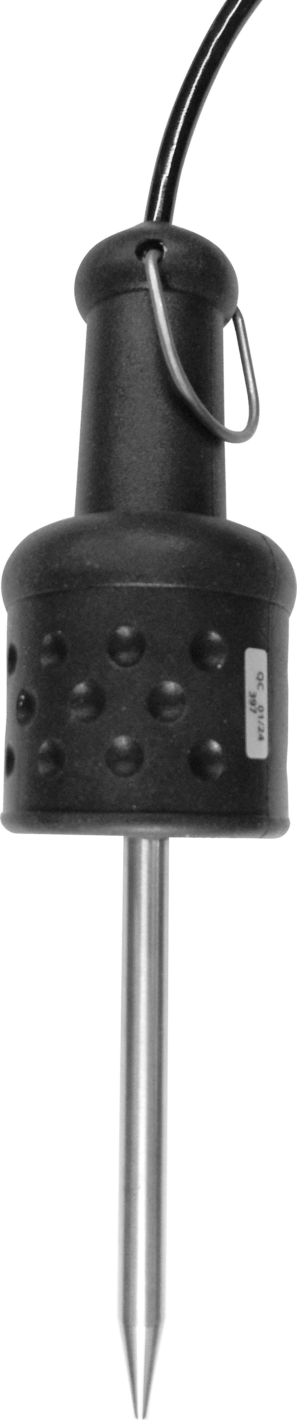 Ein schwarzes, zylindrisches Gerät mit Metallspitze und Kabel, möglicherweise ein Temperaturfühler.