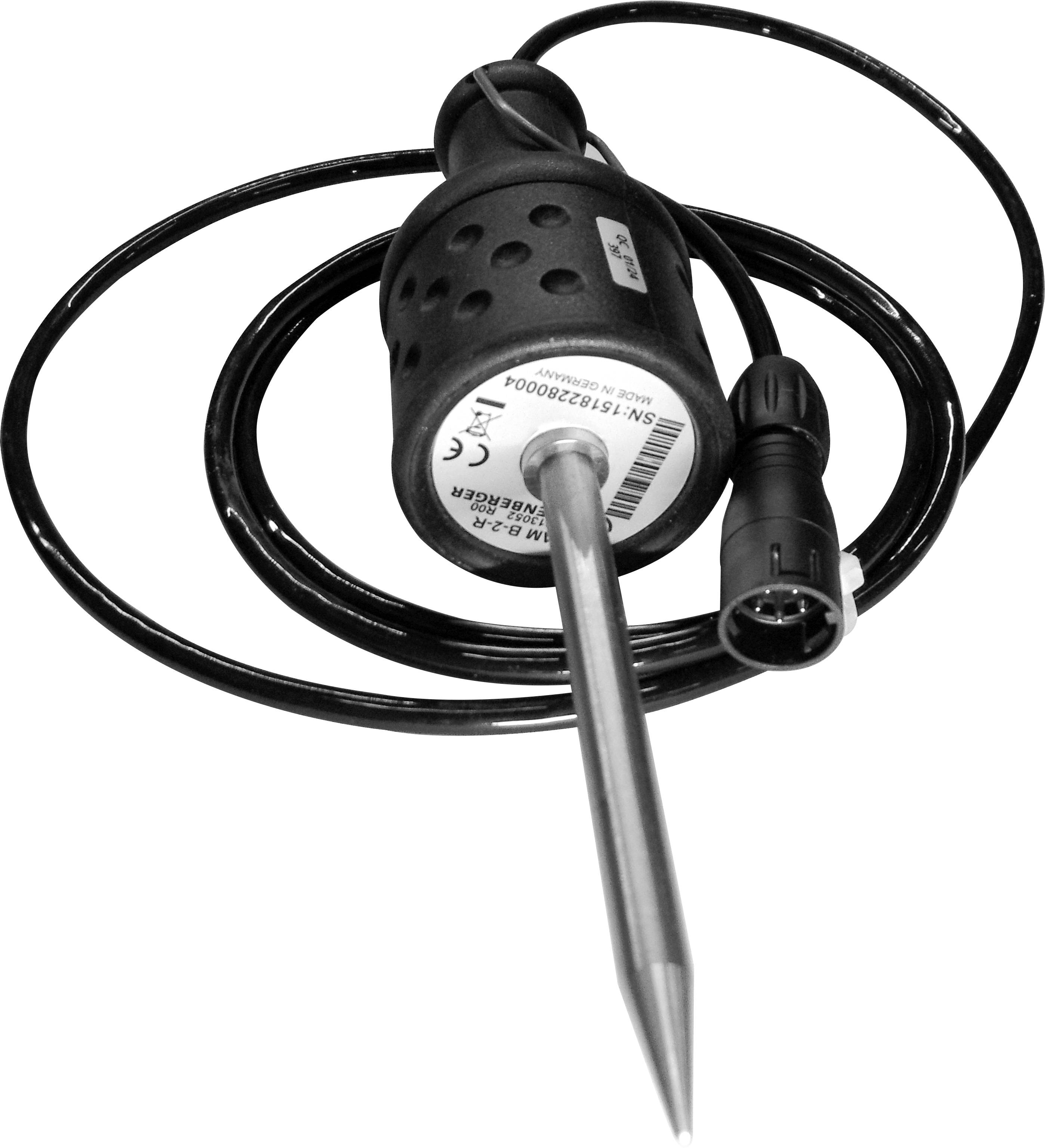 Messfühler mit Kabel und Stecker. Hauptsächlich aus Metall und Kunststoff. Dient zur Datenerfassung in technischen Anwendungen.