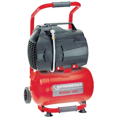 Ein tragbarer RODIA-VAC Staubsauger von ROTHENBERGER mit rotem Behälter und schwarzem Motor, auf zwei kleinen Rädern montiert.