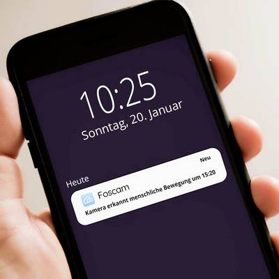 Ein Smartphone zeigt den Sperrbildschirm, Datum und Uhrzeit 'Sonntag, 20. Januar, 10:25'. Benachrichtigung von 'Foscam' über erkannte Bewegung.
