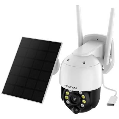 Überwachungskamera mit Solarpanel und zwei Antennen, Foscam-Logo auf der Kamera.