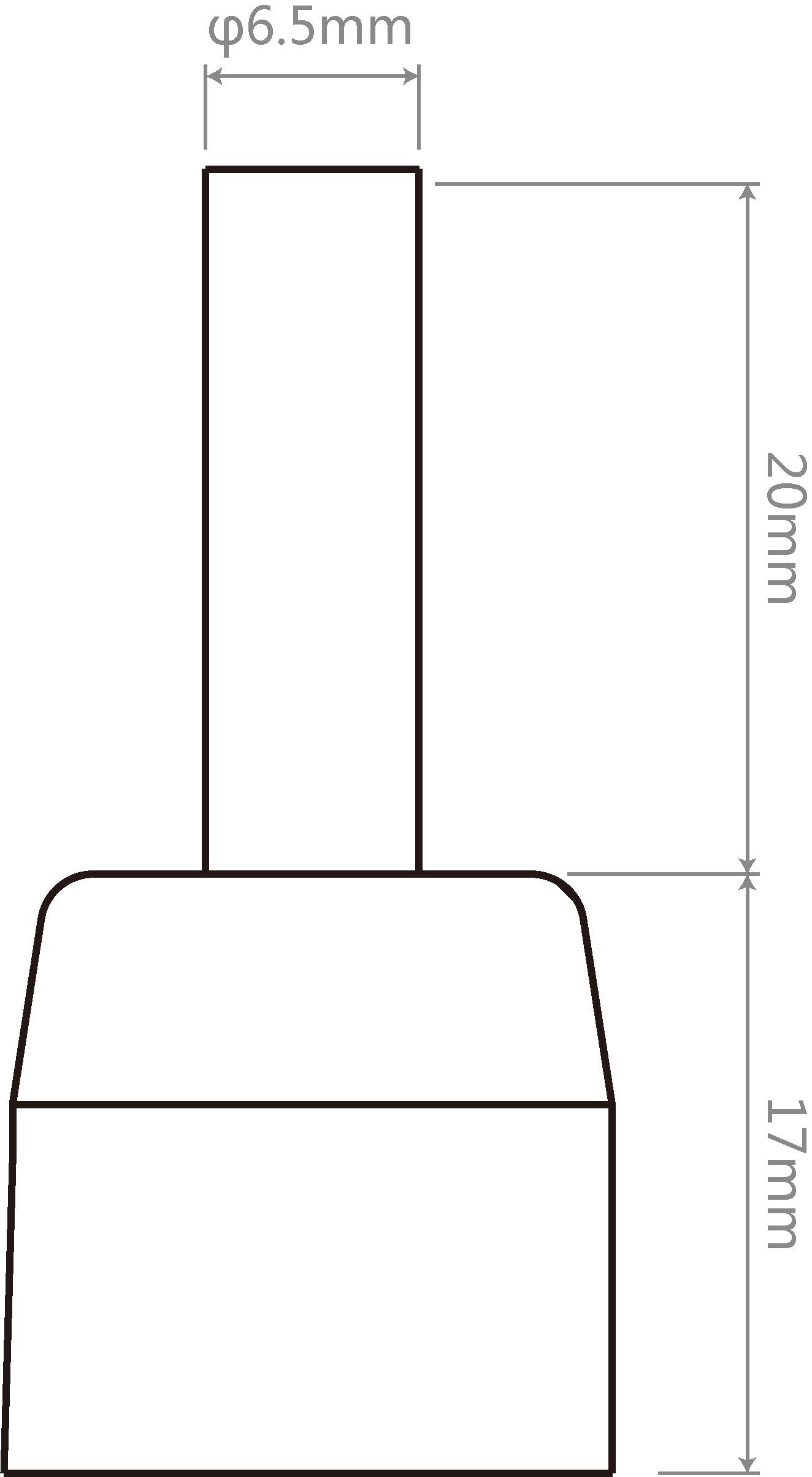 Diagramm eines zylindrischen Objekts mit Maßen: Obere Breite 6,5 mm, Gesamthöhe 37 mm, Untere Höhe 17 mm.