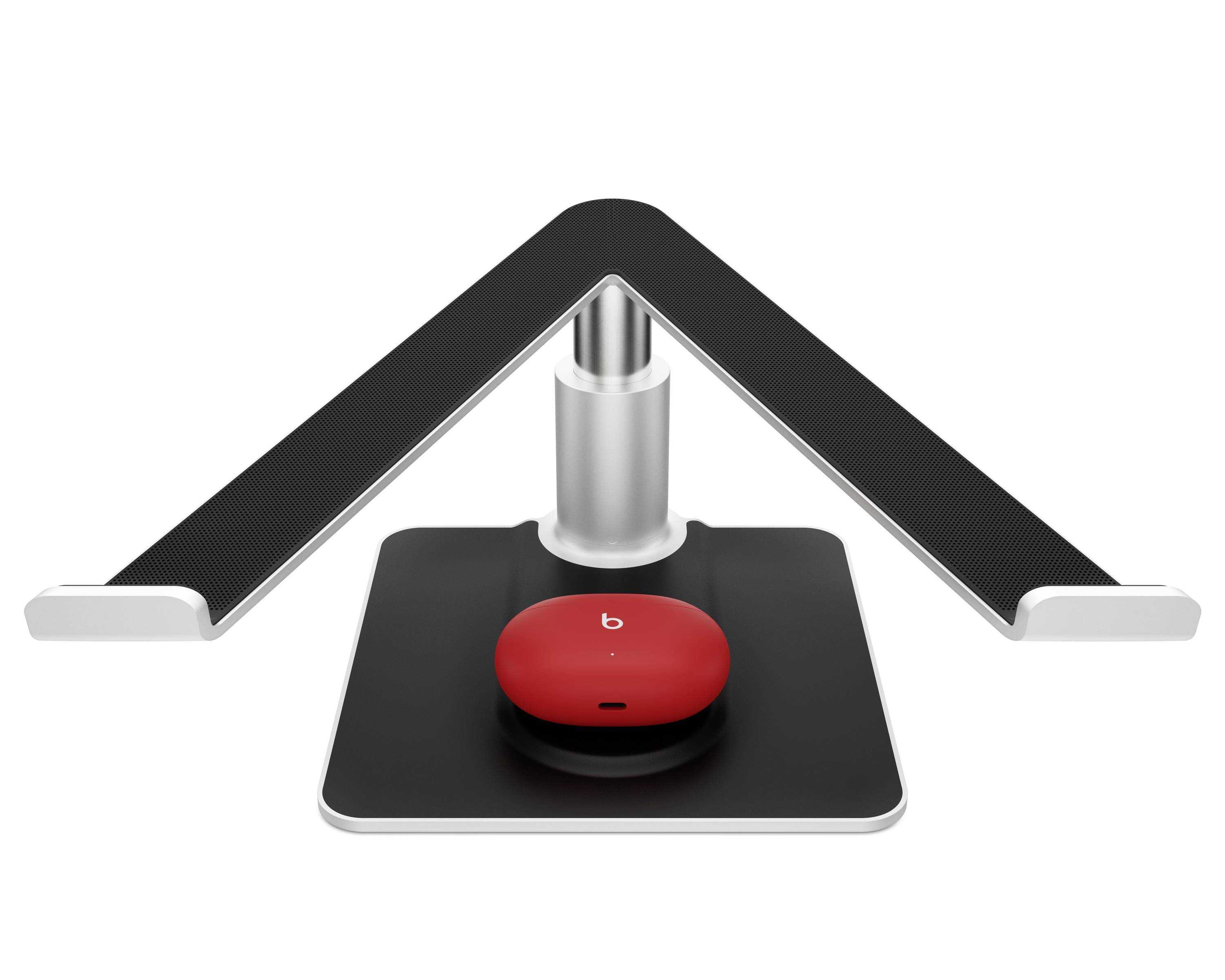 Ein dreieckiger, schwarz-silberner Ständer mit einem roten, ovalen Gerät in der Mitte.