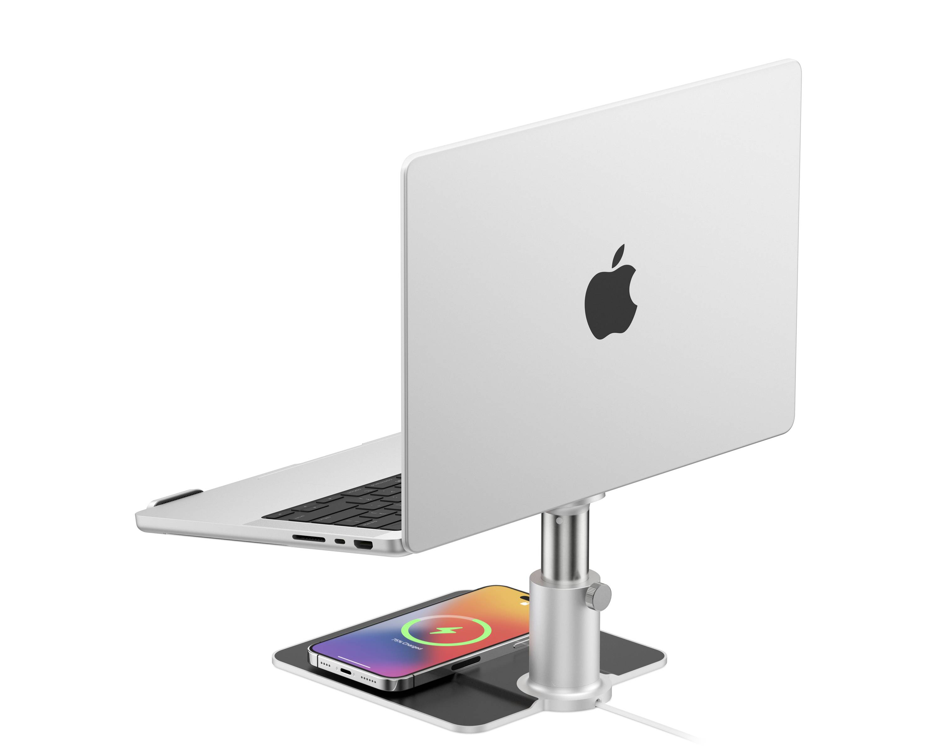 Ein Laptop auf einem höhenverstellbaren Standfuß, darunter ein Smartphone mit ladendem Bildschirm.