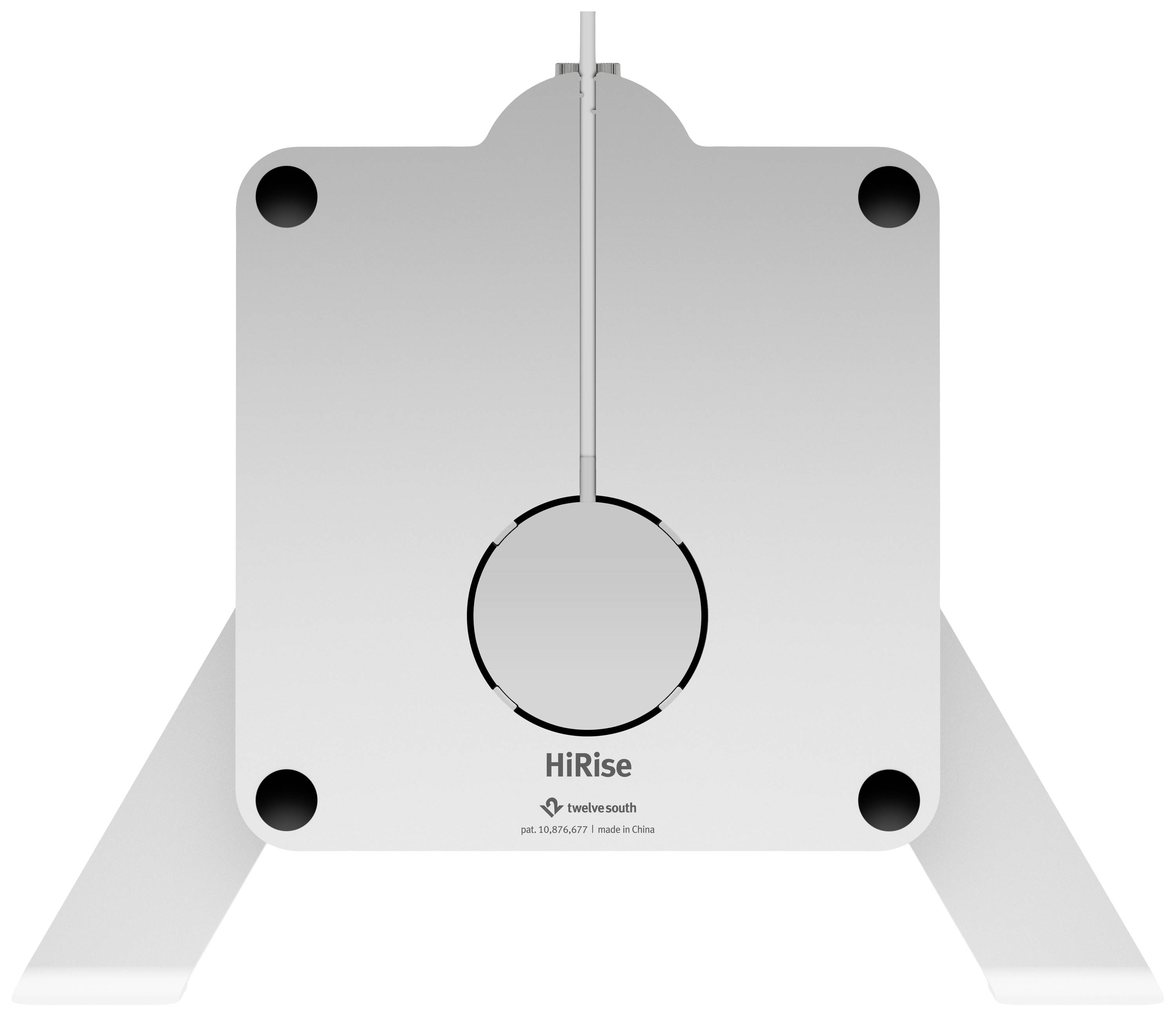 Die Abbildung zeigt eine silberne, metallische Vorrichtung mit vier schwarzen Gummifüßen, die als Ständer dient und 'HiRise' markiert ist.