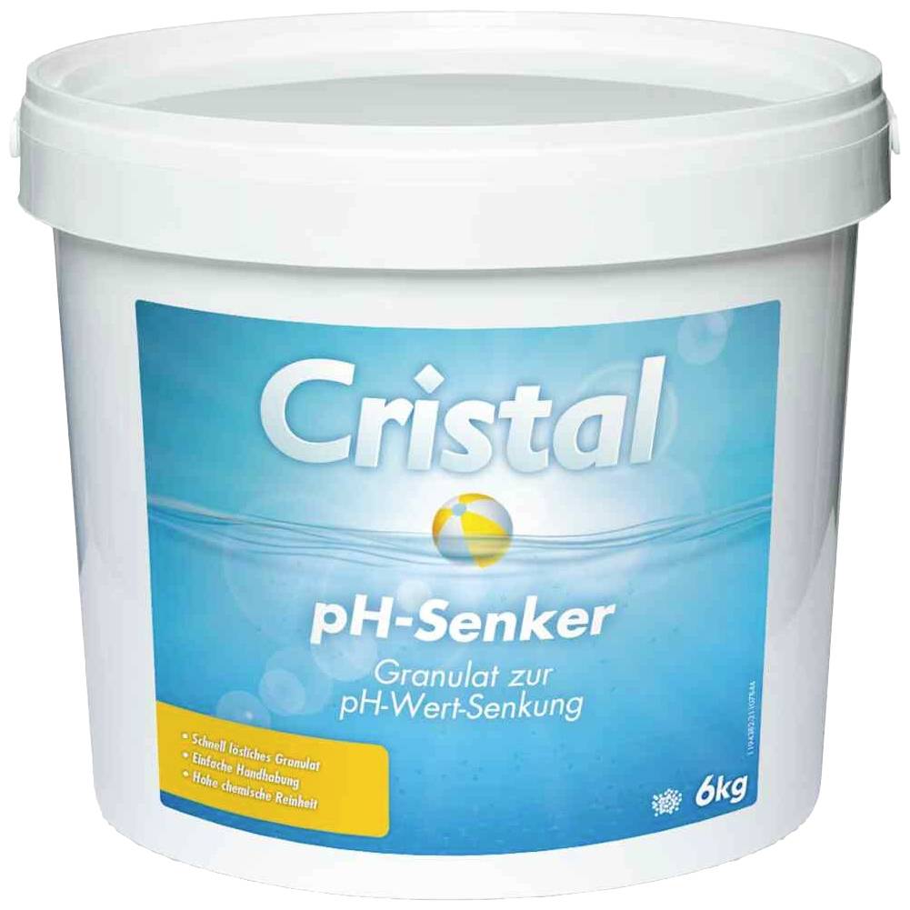 Ein weißer Eimer mit der Aufschrift 'Cristal pH-Senker', ein Granulat zur Senkung des pH-Werts, enthält 6 kg.
