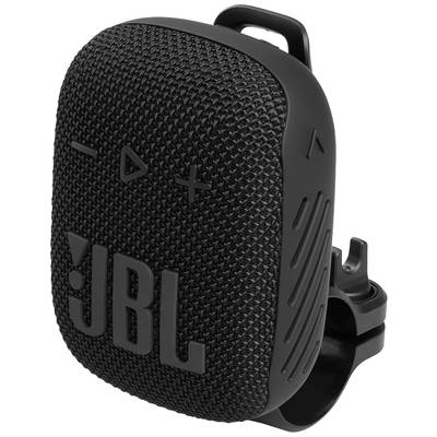 Tragbarer schwarzer JBL-Lautsprecher mit Stoffüberzug und integriertem Clip zur Befestigung an Rucksäcken oder Fahrrädern.