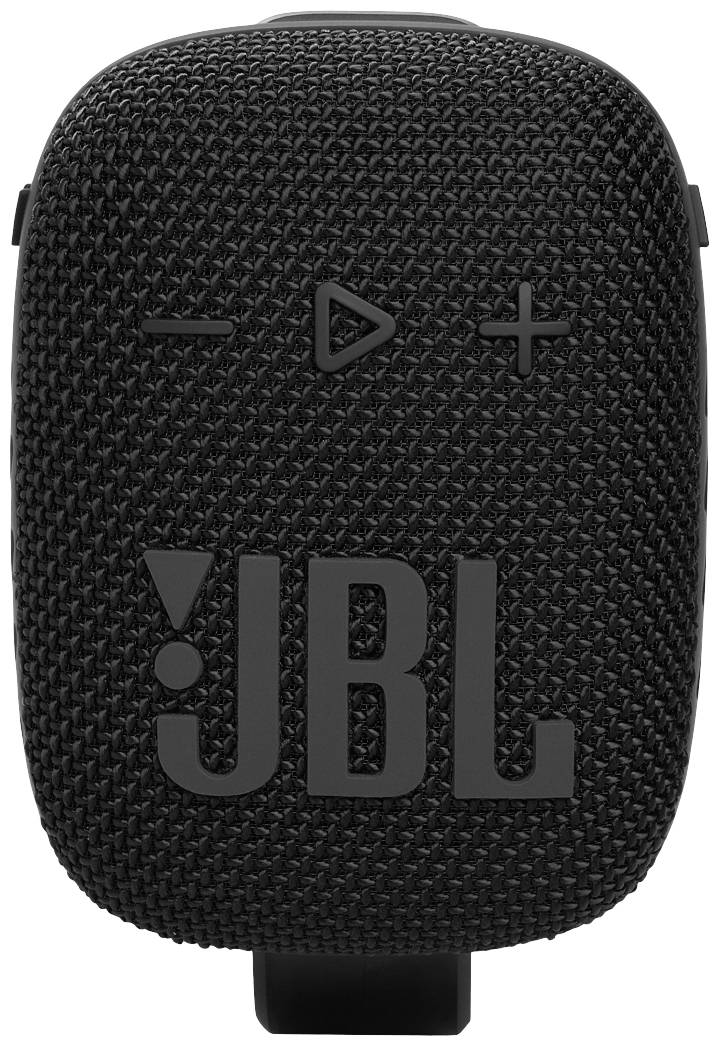 Ein schwarzer tragbarer Bluetooth-Lautsprecher mit JBL-Logo, texturierter Oberfläche und Bedientasten für Lautstärke und Wiedergabe.