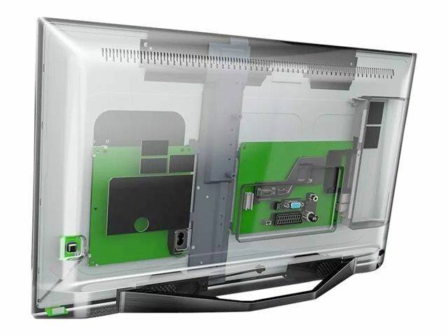 Ein Computerbildschirm von hinten gezeigt, der die internen Anschlüsse und Komponenten in einem transparenten Gehäuse sichtbar macht.