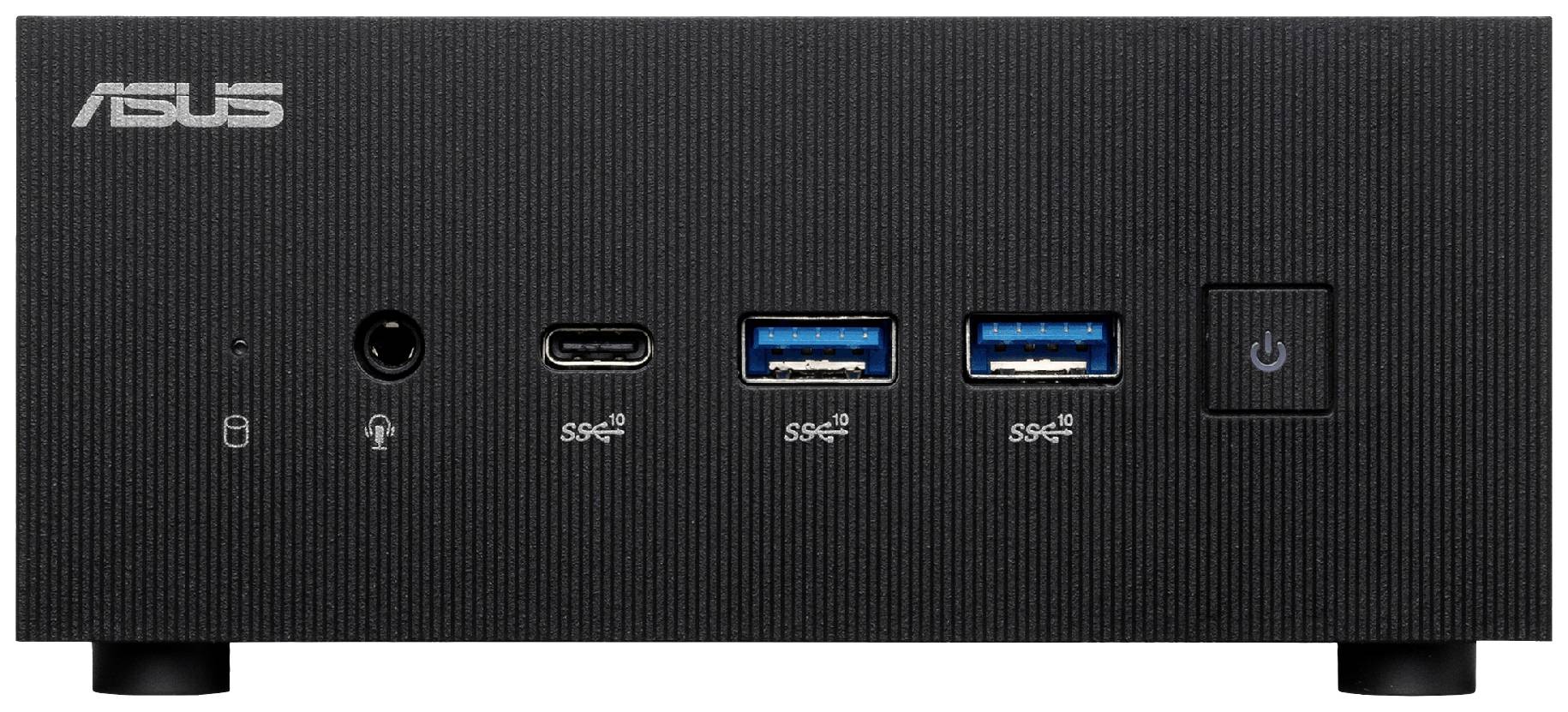 'ASUS Mini-PC Frontansicht' zeigt Anschlüsse: 3.5mm Klinke, Typ-C USB, zwei USB 3.0-Anschlüsse, Netzschalter.
