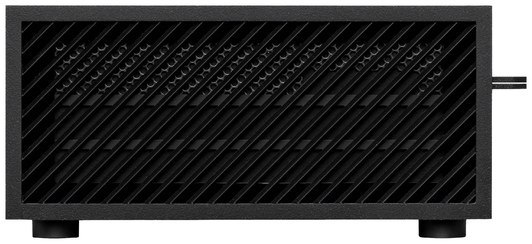Ein schwarzes, rechteckiges modernes elektronisches Gerät mit diagonalen Lüftungsschlitzen. Es steht auf zwei kleinen Stützen.
