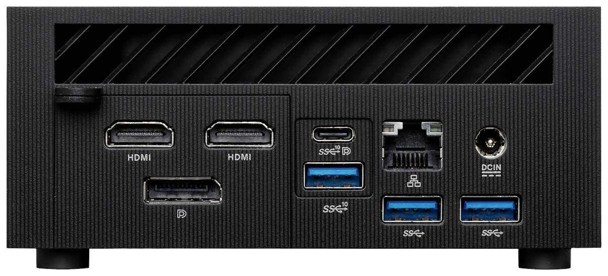 Eine Rückansicht eines schwarzen Geräts mit Anschlüssen: zwei HDMI, ein DisplayPort, ein USB-C, zwei USB 3.0, ein Ethernet und ein Stromanschluss.